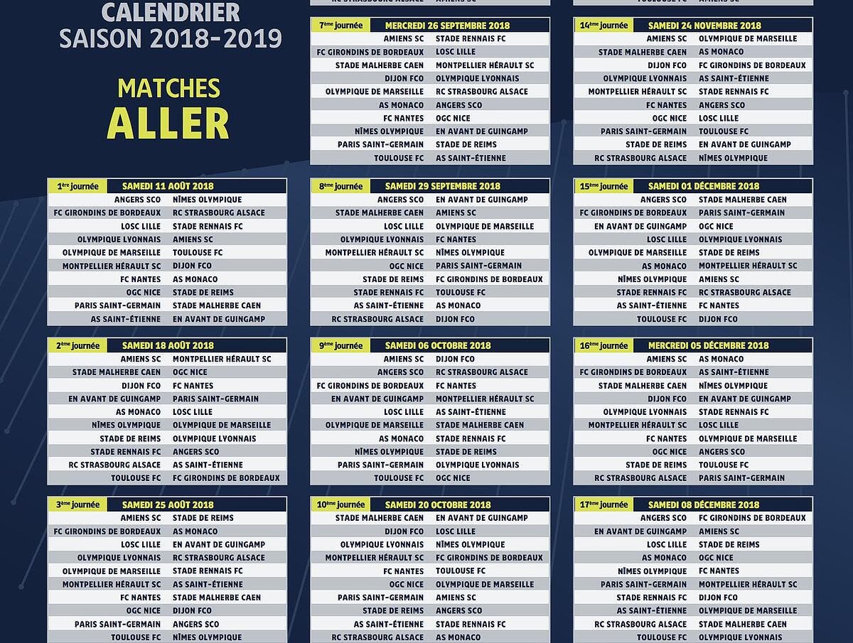 Football Ligue 1 - L1 : Le calendrier complet de la saison 2018-19 ...
