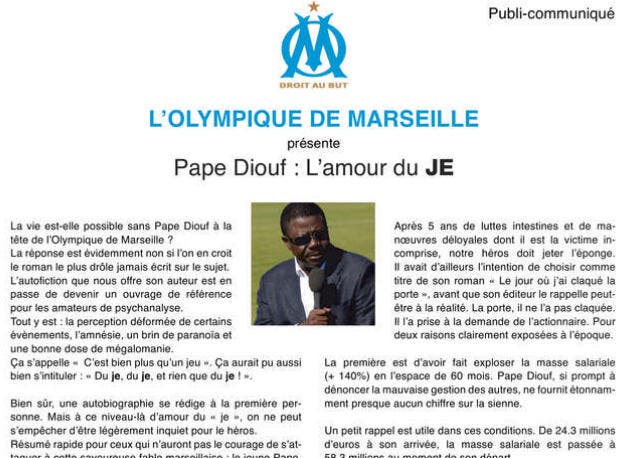 Incroyable, l'OM achète une page de pub pour répondre à Pape Diouf !